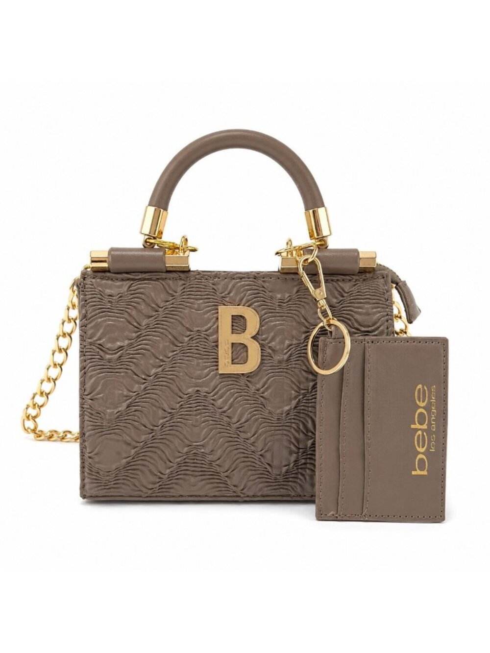 Bebe Nola Mini Satchel NWT Light Taupe Wave Texture Gold Chain Card Case B Logo
